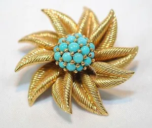 1960s Tiffany & Co. Turquoise Pinwheel Brooch in 18K Yellow Gold - $15K VALUE