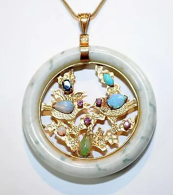 1960s Vintage Nephrite & Multi-Gemstone Circle Pendant in 14K Yellow Gold - $10K VALUE