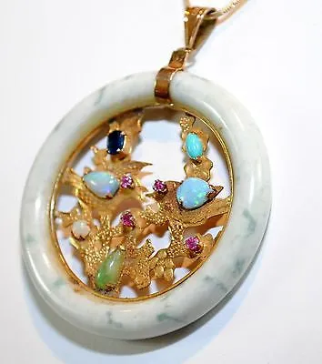 1960s Vintage Nephrite & Multi-Gemstone Circle Pendant in 14K Yellow Gold - $10K VALUE