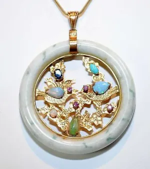 1960s Vintage Nephrite & Multi-Gemstone Circle Pendant in 14K Yellow Gold - $10K VALUE
