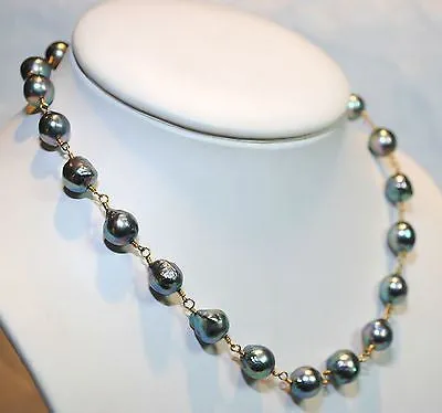 1960s Vintage Peacock Orient Baroque Pearl Station Necklace with Emerald Toggle - $12K VALUE