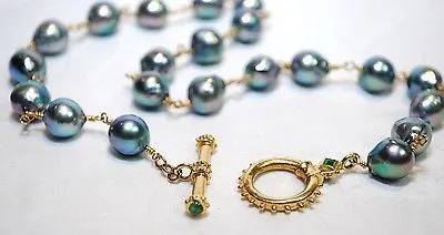 1960s Vintage Peacock Orient Baroque Pearl Station Necklace with Emerald Toggle - $12K VALUE