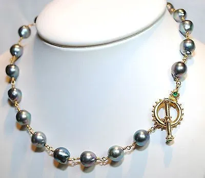 1960s Vintage Peacock Orient Baroque Pearl Station Necklace with Emerald Toggle - $12K VALUE
