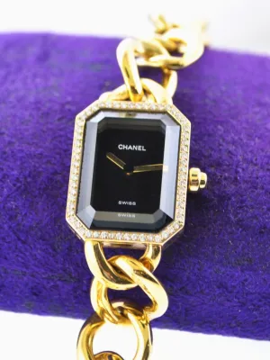 1987 Chanel Premiere H3259 Ladies Rectangle Wristwatch Diamond in 18 Karat Yellow Gold on Original Chain Band - $30K VALUE, w/Cert