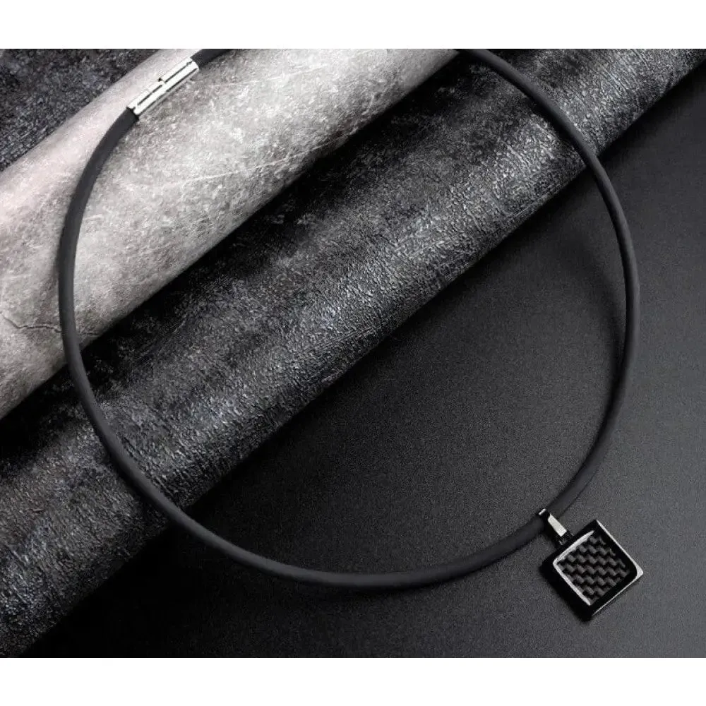 2-sides Wearable Unisex Germanium Tourmaline Black Carbon Fiber Square Pendant