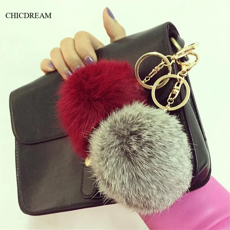 2016 Fashion 13 Colors Rabbit Fur Keychain Ball PomPom Cell Phone Car Keychain Pendant Handbag Gold/Silver Metal Charm Key Ring