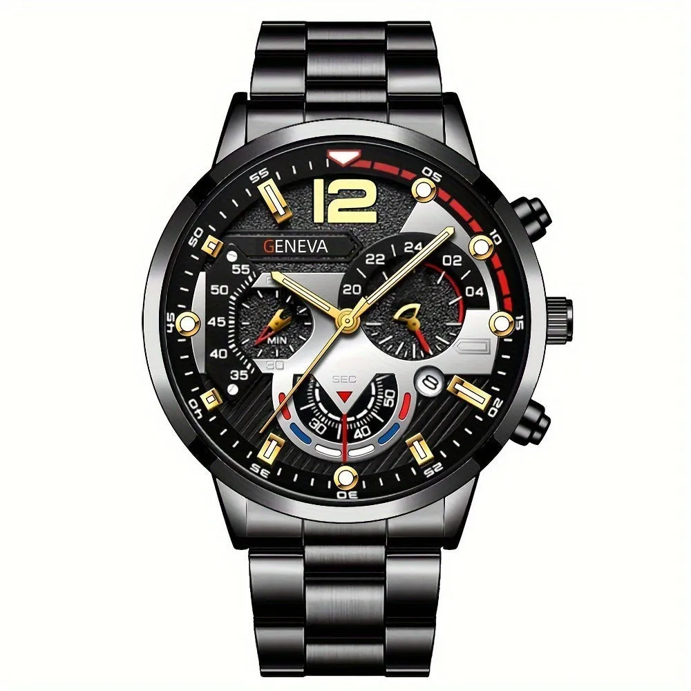 2pcs Men's Steel Fashion Business Three Eye Quartz Watch Bracelet Set