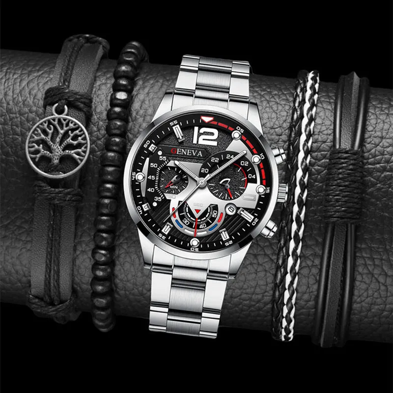 2pcs Men's Steel Fashion Business Three Eye Quartz Watch Bracelet Set