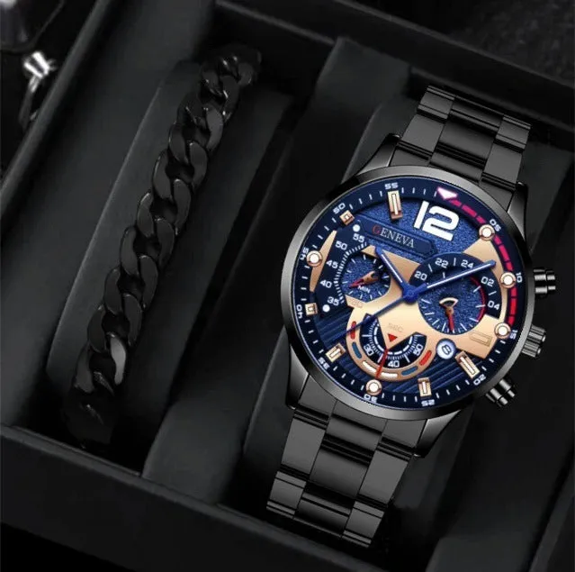 2pcs Men's Steel Fashion Business Three Eye Quartz Watch Bracelet Set