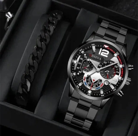 2pcs Men's Steel Fashion Business Three Eye Quartz Watch Bracelet Set