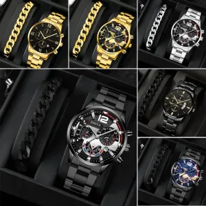 2pcs Men's Steel Fashion Business Three Eye Quartz Watch Bracelet Set