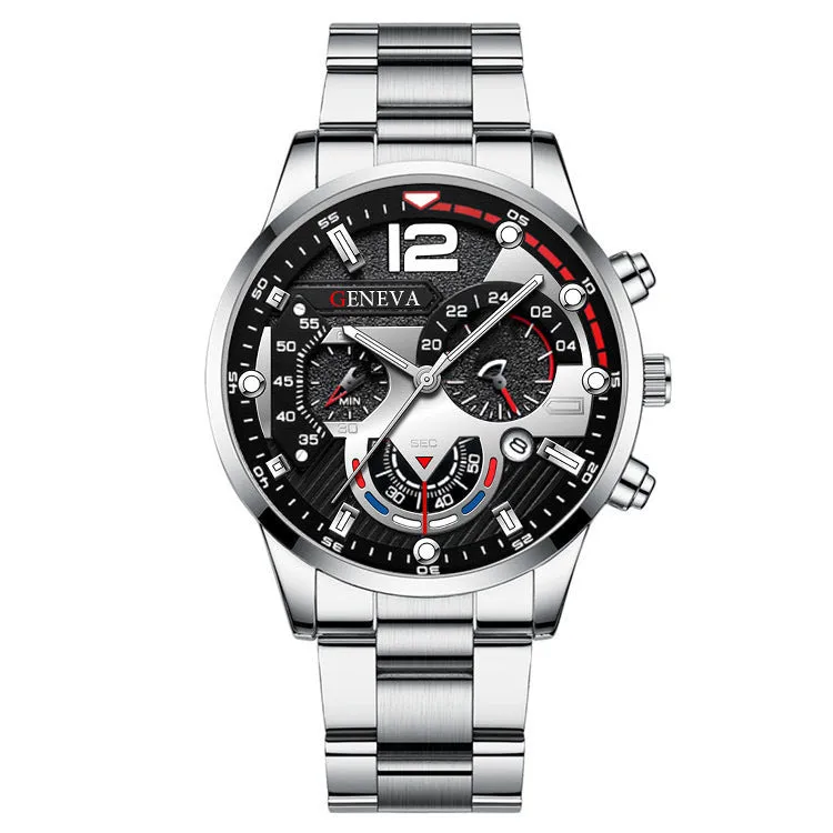 2pcs Men's Steel Fashion Business Three Eye Quartz Watch Bracelet Set
