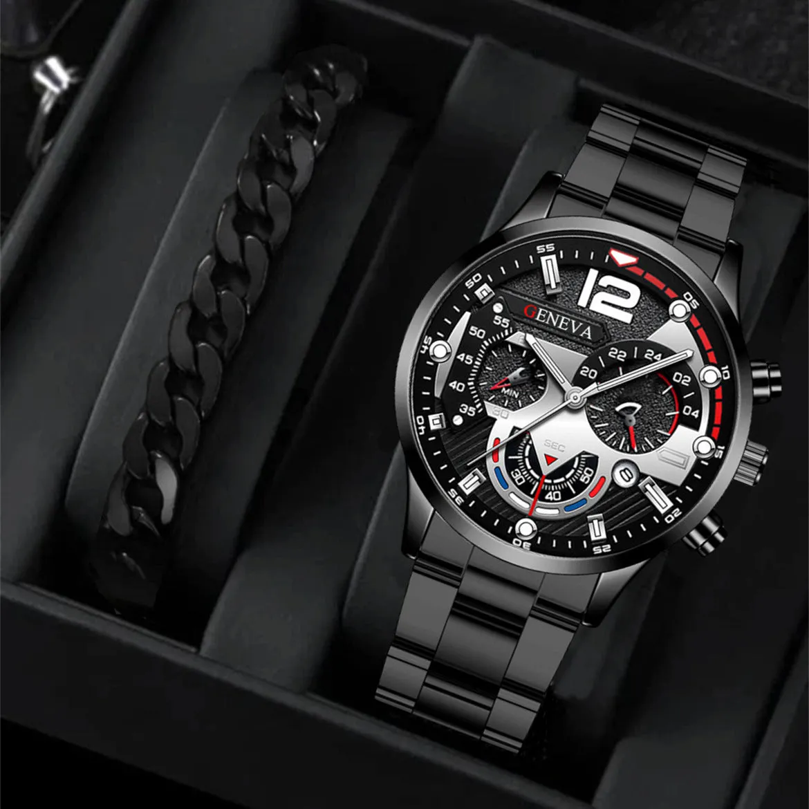 2pcs Men's Steel Fashion Business Three Eye Quartz Watch Bracelet Set