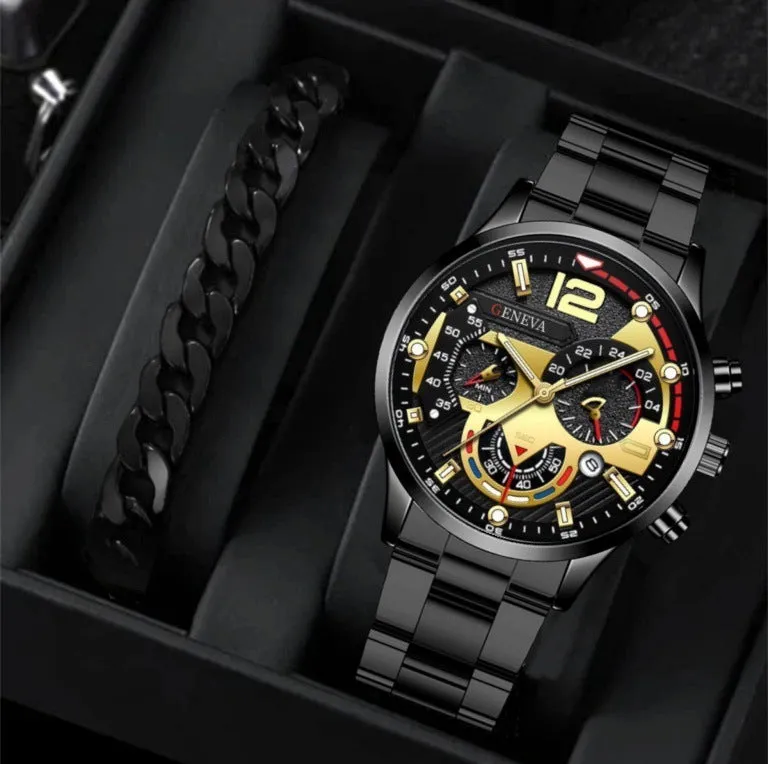2pcs Men's Steel Fashion Business Three Eye Quartz Watch Bracelet Set