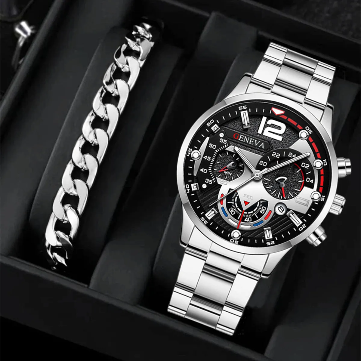 2pcs Men's Steel Fashion Business Three Eye Quartz Watch Bracelet Set