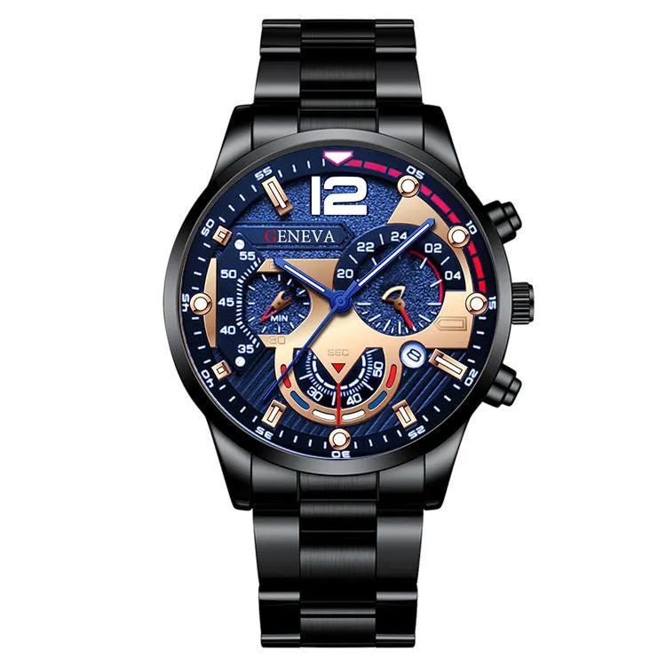 2pcs Men's Steel Fashion Business Three Eye Quartz Watch Bracelet Set
