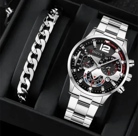 2pcs Men's Steel Fashion Business Three Eye Quartz Watch Bracelet Set
