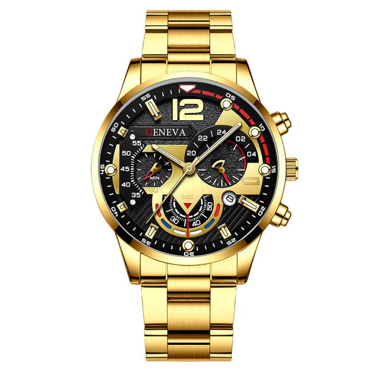 2pcs Men's Steel Fashion Business Three Eye Quartz Watch Bracelet Set