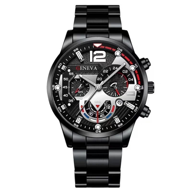 2pcs Men's Steel Fashion Business Three Eye Quartz Watch Bracelet Set