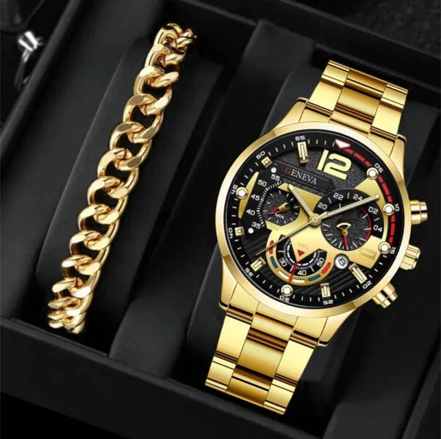 2pcs Men's Steel Fashion Business Three Eye Quartz Watch Bracelet Set