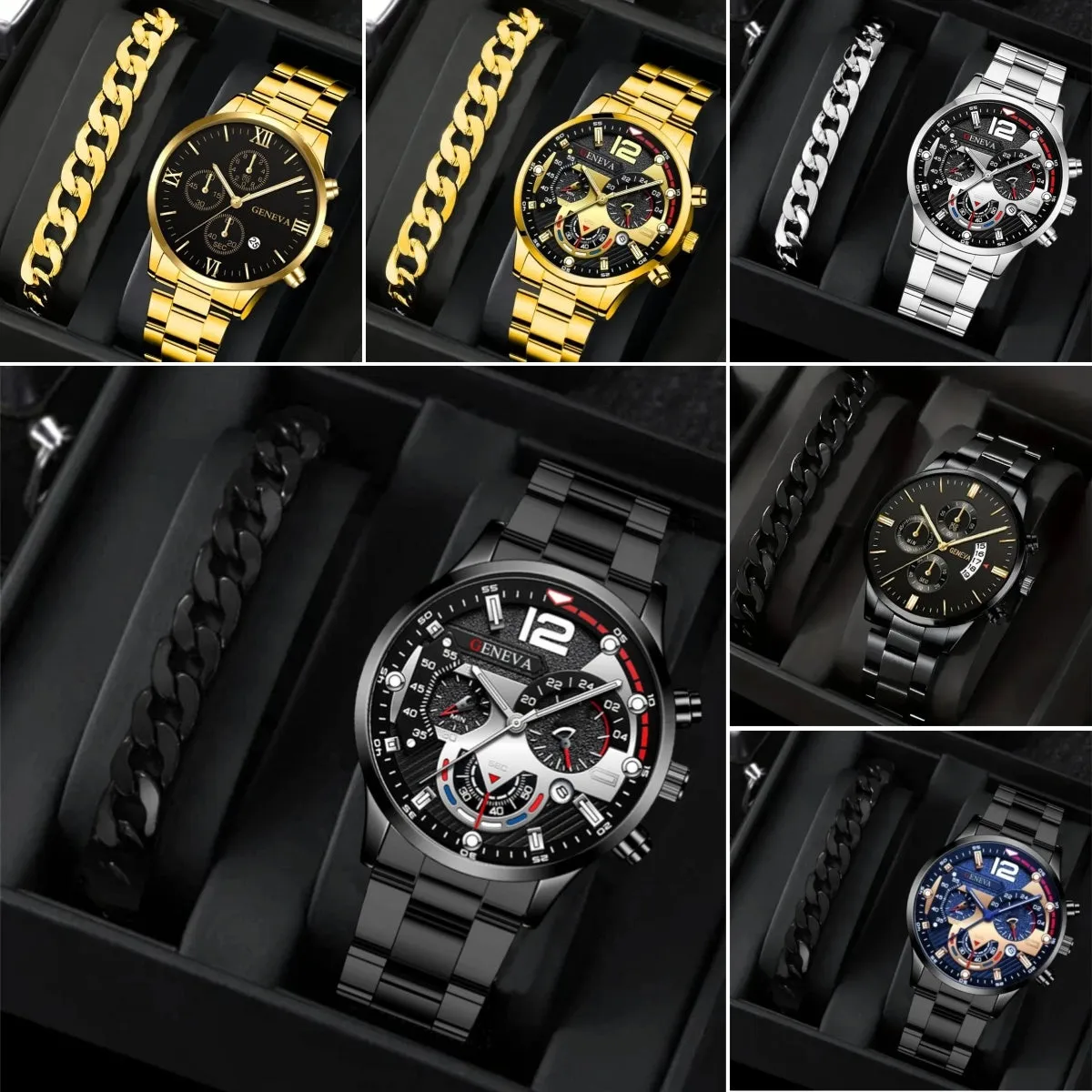 2pcs Men's Steel Fashion Business Three Eye Quartz Watch Bracelet Set