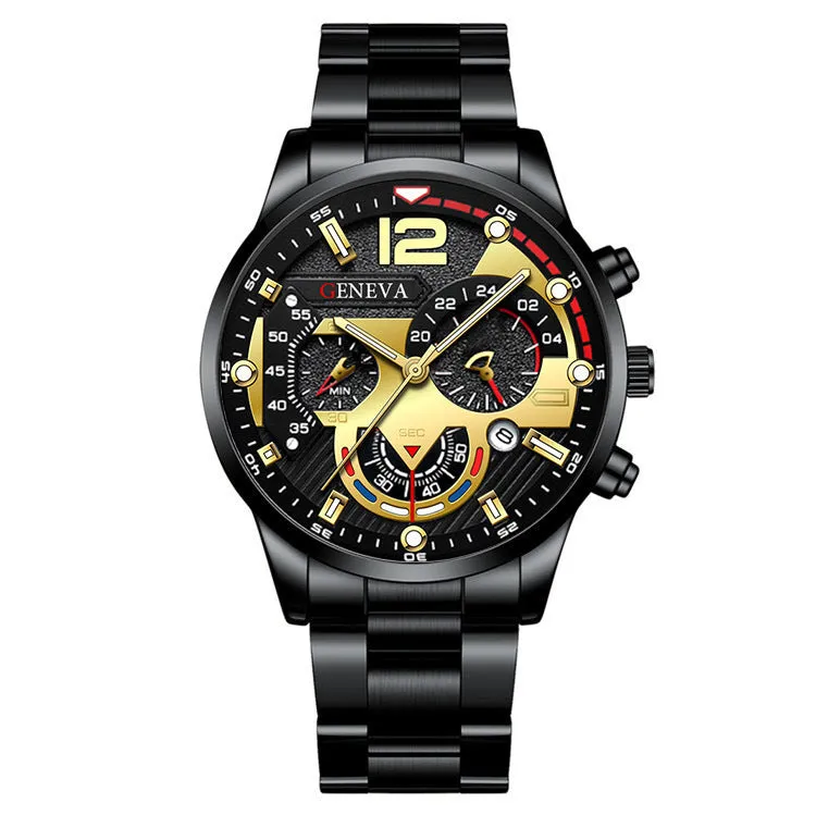 2pcs Men's Steel Fashion Business Three Eye Quartz Watch Bracelet Set
