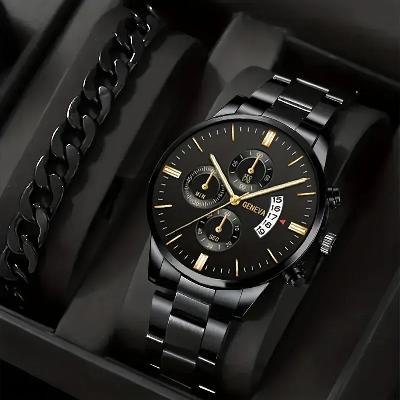 2pcs Men's Steel Fashion Business Three Eye Quartz Watch Bracelet Set