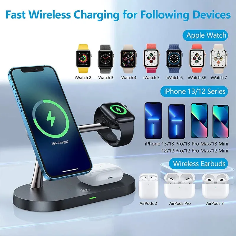 3-in-1 Wireless Charger Stand for iPhone 12/13/14/15/16, Apple Watch 4-10, AirPods 2/3/Pro – Fast Charging Station with LED Light & Charging Indicator