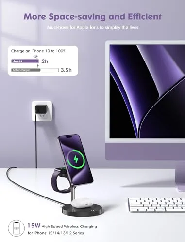 3 in 1 Wireless Charging Station for Multiple Devices Apple, Aeinidi 15W Fast Mag-Safe, Magnetic Charger Stand for iPhone 15 14 13 12 Pro Max/Plus/Pro/Mini, Apple Watch, AirPods Pro 3 2, Black