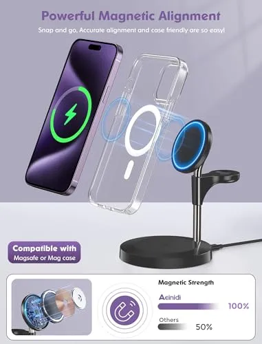 3 in 1 Wireless Charging Station for Multiple Devices Apple, Aeinidi 15W Fast Mag-Safe, Magnetic Charger Stand for iPhone 15 14 13 12 Pro Max/Plus/Pro/Mini, Apple Watch, AirPods Pro 3 2, Black