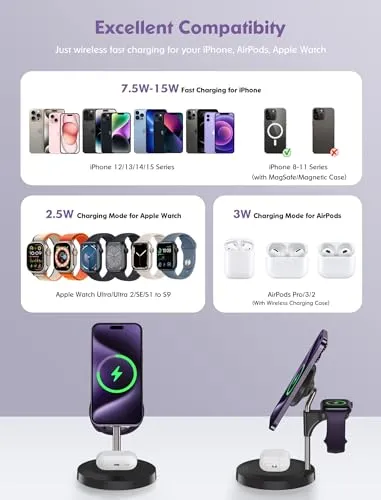3 in 1 Wireless Charging Station for Multiple Devices Apple, Aeinidi 15W Fast Mag-Safe, Magnetic Charger Stand for iPhone 15 14 13 12 Pro Max/Plus/Pro/Mini, Apple Watch, AirPods Pro 3 2, Black