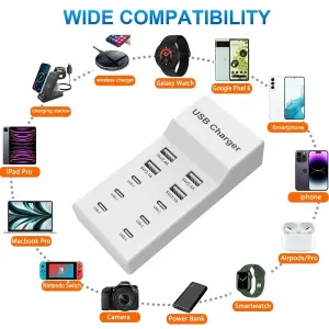 50W 10-Port USB Charger 4USB-A 6USB-C Fast Charging Desktop Charging Station EU Plug US Plug for iPhone 15 14 13 for Samsung Galaxy S24 for Huawei Pura 70 Ultra