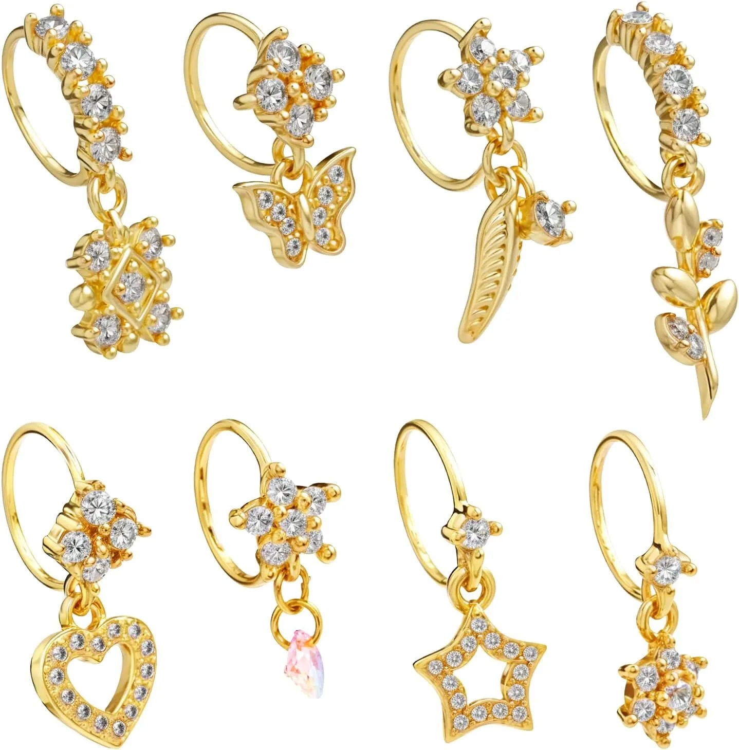8pcs Dangle Nose Rings - Gold Butterfly Star Heart Cz Flower Leaf Dangly Nose Hoops 20g Surgical Steel Cartilage Earring Piercing Jewelry