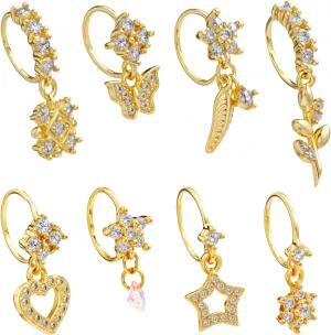 8pcs Dangle Nose Rings - Gold Butterfly Star Heart Cz Flower Leaf Dangly Nose Hoops 20g Surgical Steel Cartilage Earring Piercing Jewelry