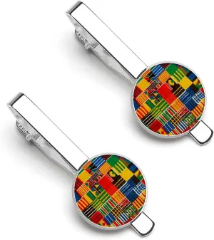 African Kente Cloth Ethnic Art Pattern Tie Clips for Men 2Pcs Silver Tie Bar Regular Ties Pins Necktie Tacks for Wedding