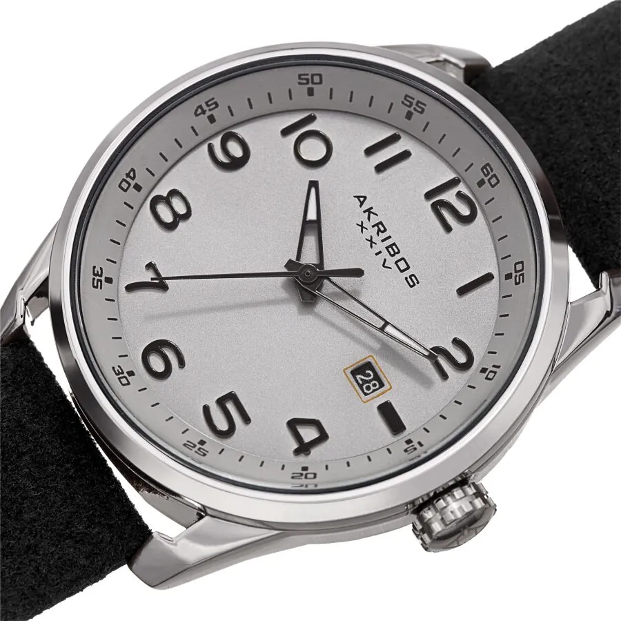 Akribos Xxiv Quartz Silver Dial Black Leather Men's Watch AK1029BK