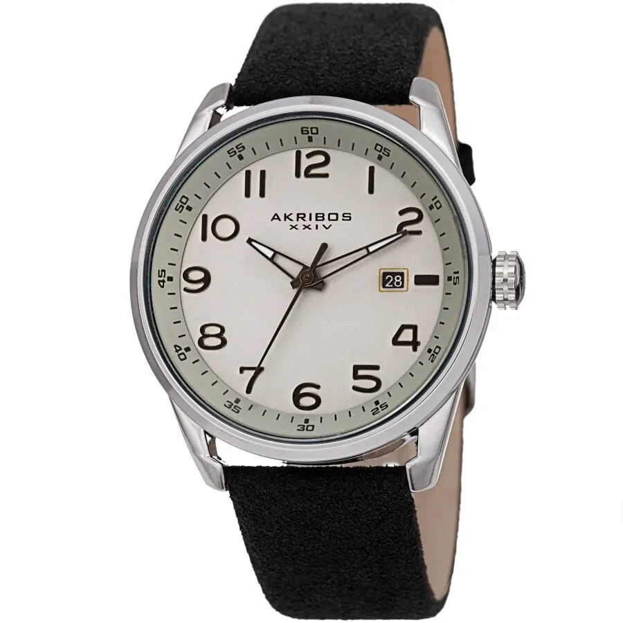 Akribos Xxiv Quartz Silver Dial Black Leather Men's Watch AK1029BK
