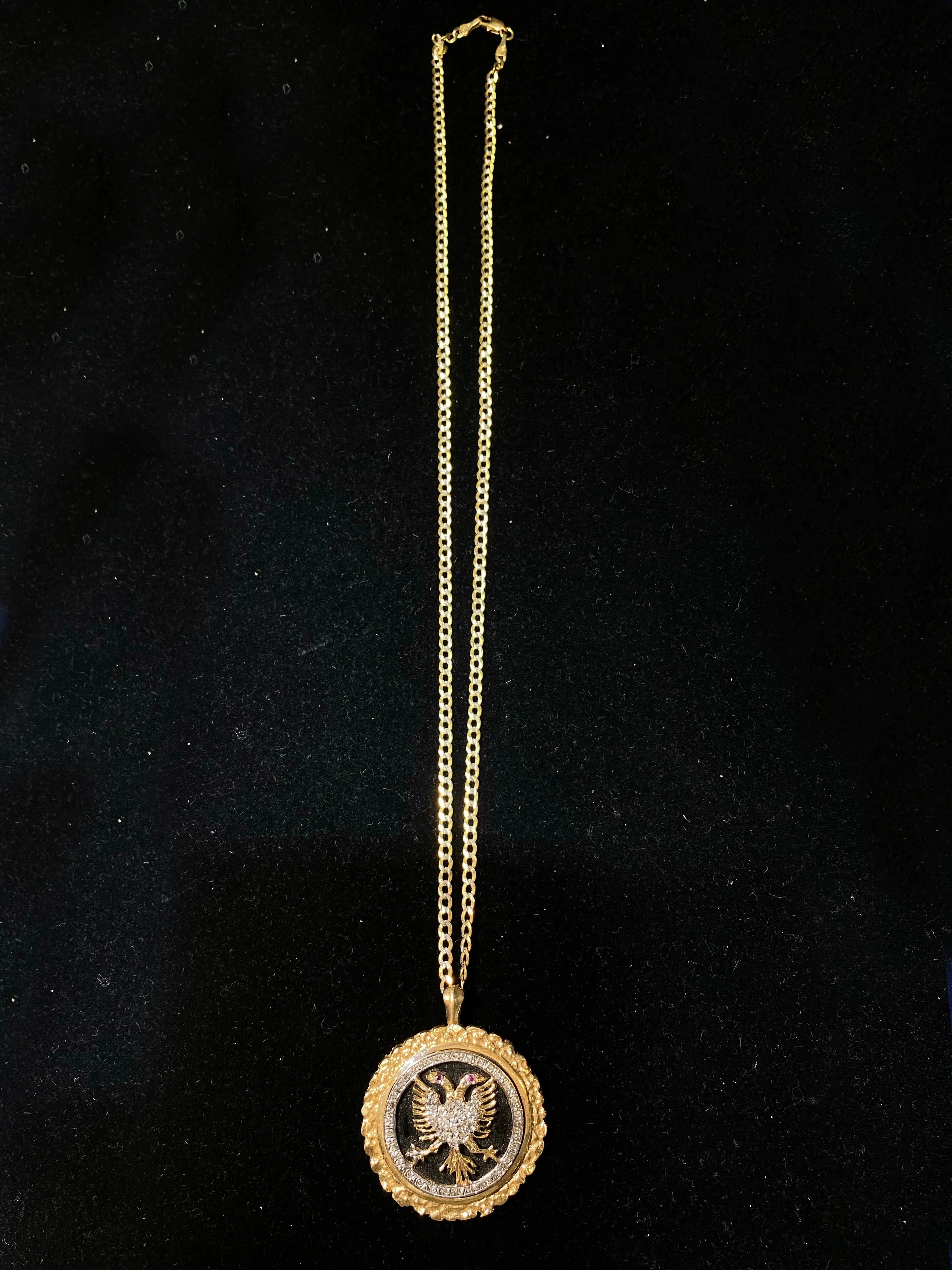 Albanian Crest Unique YG 45 Diamonds/ 2 Rubies/Bk Enamel Necklace - $12K Appraisal Value! }