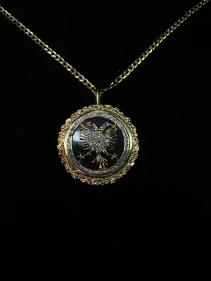 Albanian Crest Unique YG 45 Diamonds/ 2 Rubies/Bk Enamel Necklace - $12K Appraisal Value! }