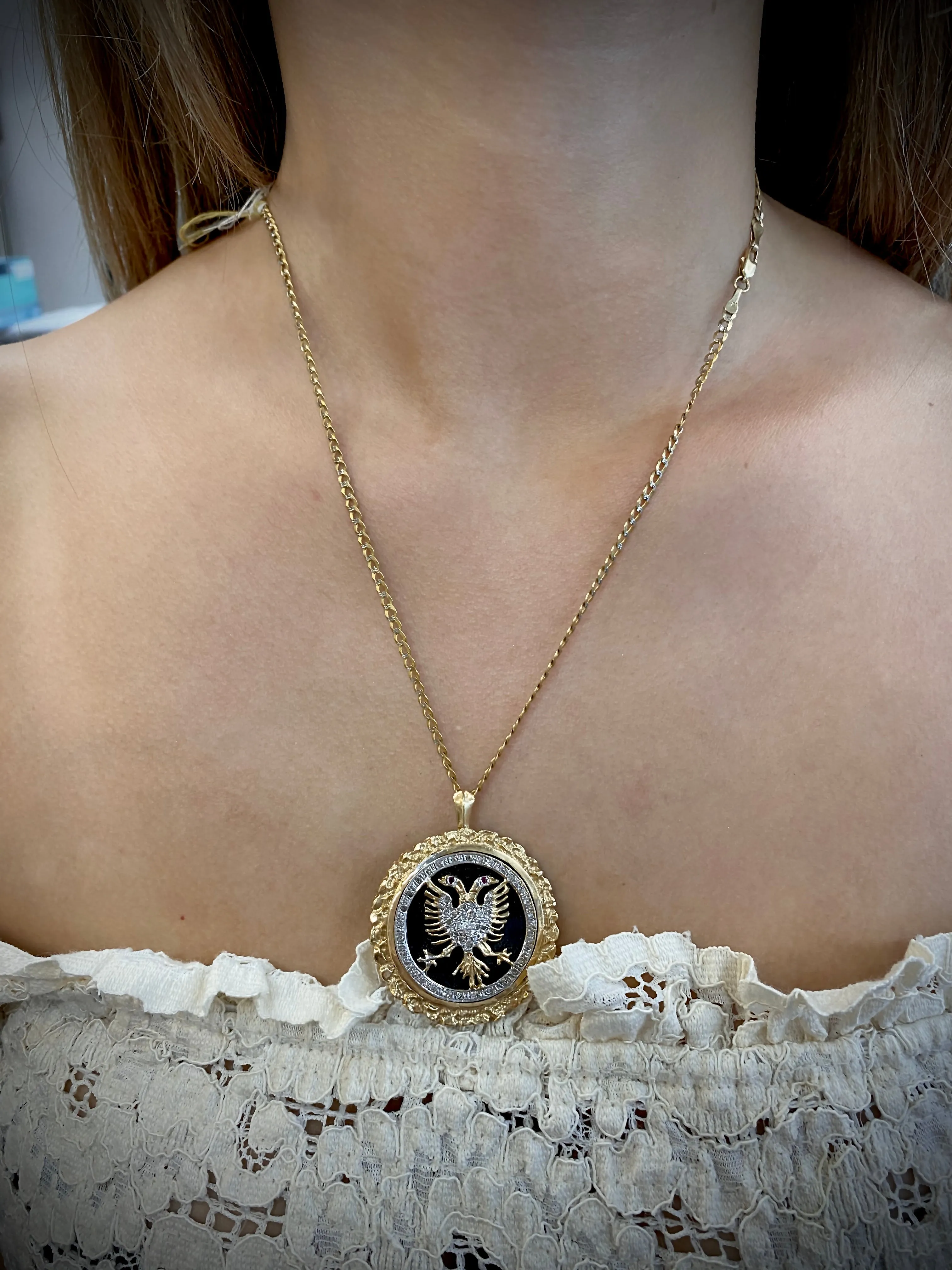 Albanian Crest Unique YG 45 Diamonds/ 2 Rubies/Bk Enamel Necklace - $12K Appraisal Value! }