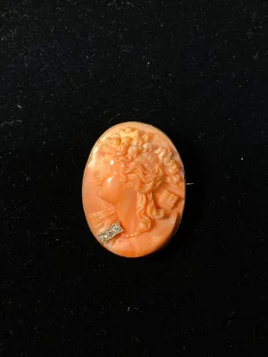 AMAZING Vintage 1920's Coral & Diamond Cameo Brooch Pin in 14K Yellow Gold - $6K Appraisal Value! }✓
