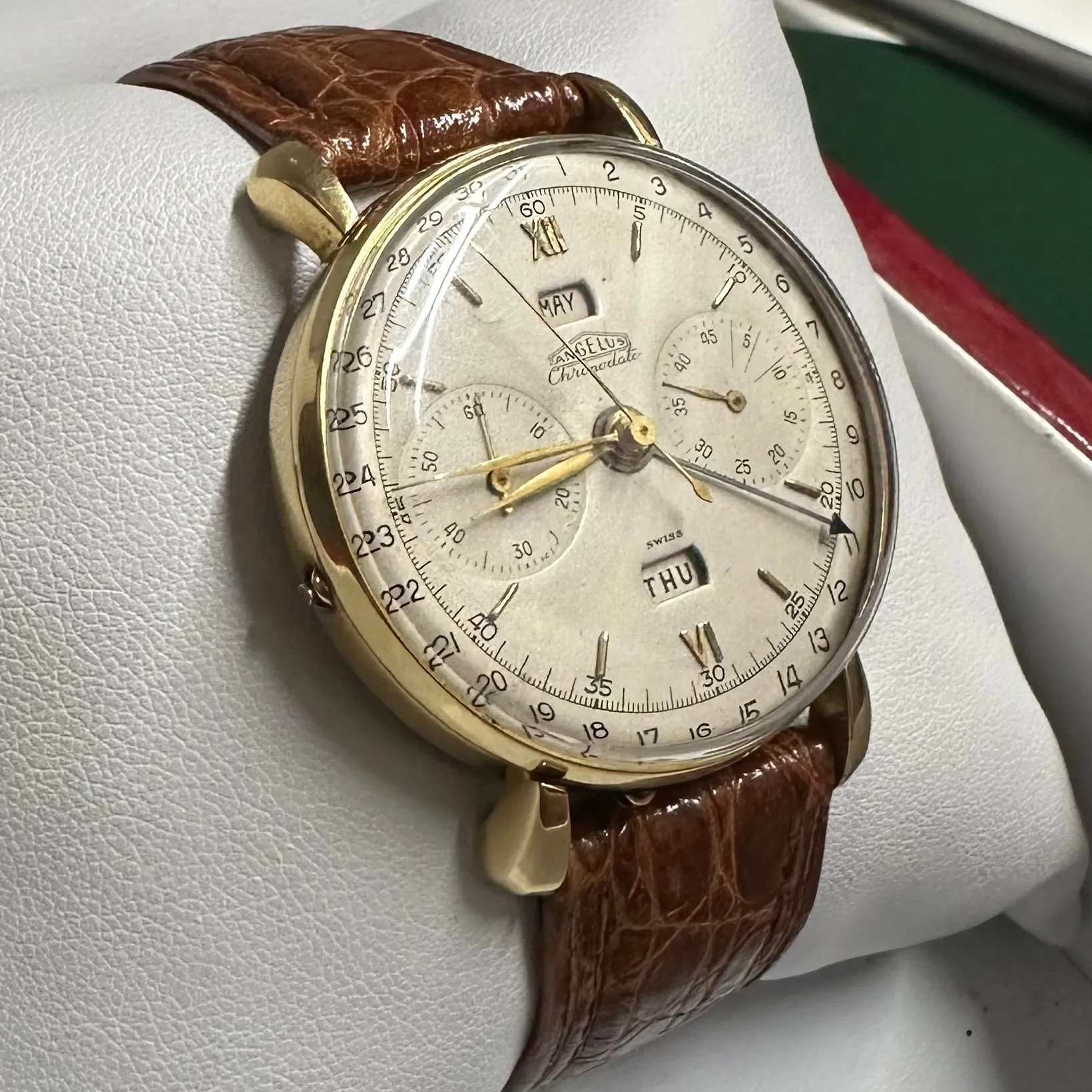 ANGELUS Chronodato Mechanical 18K Yellow Gold Triple Date Watch-$30K APR w/ COA!