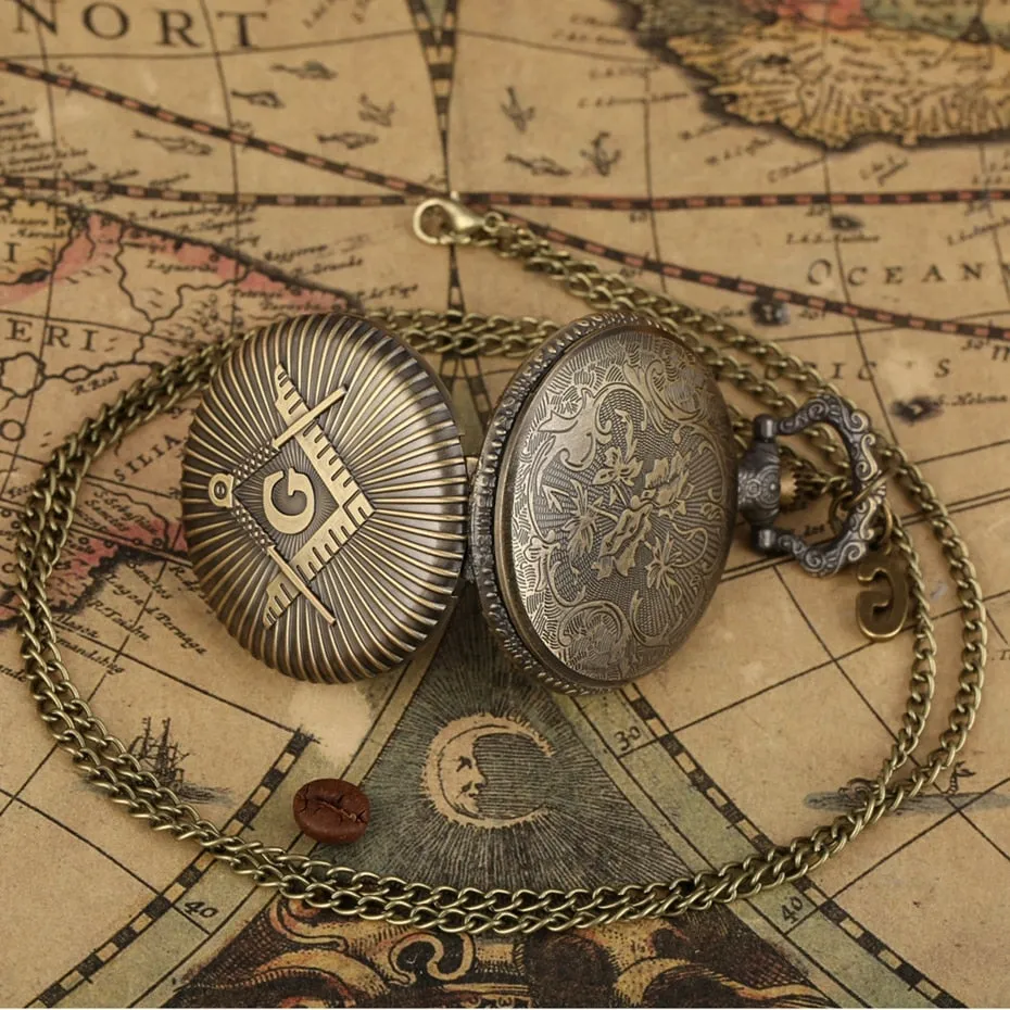 Antique Bronze Quartz Fob Clock Pendant Freemason  Pocket Watch