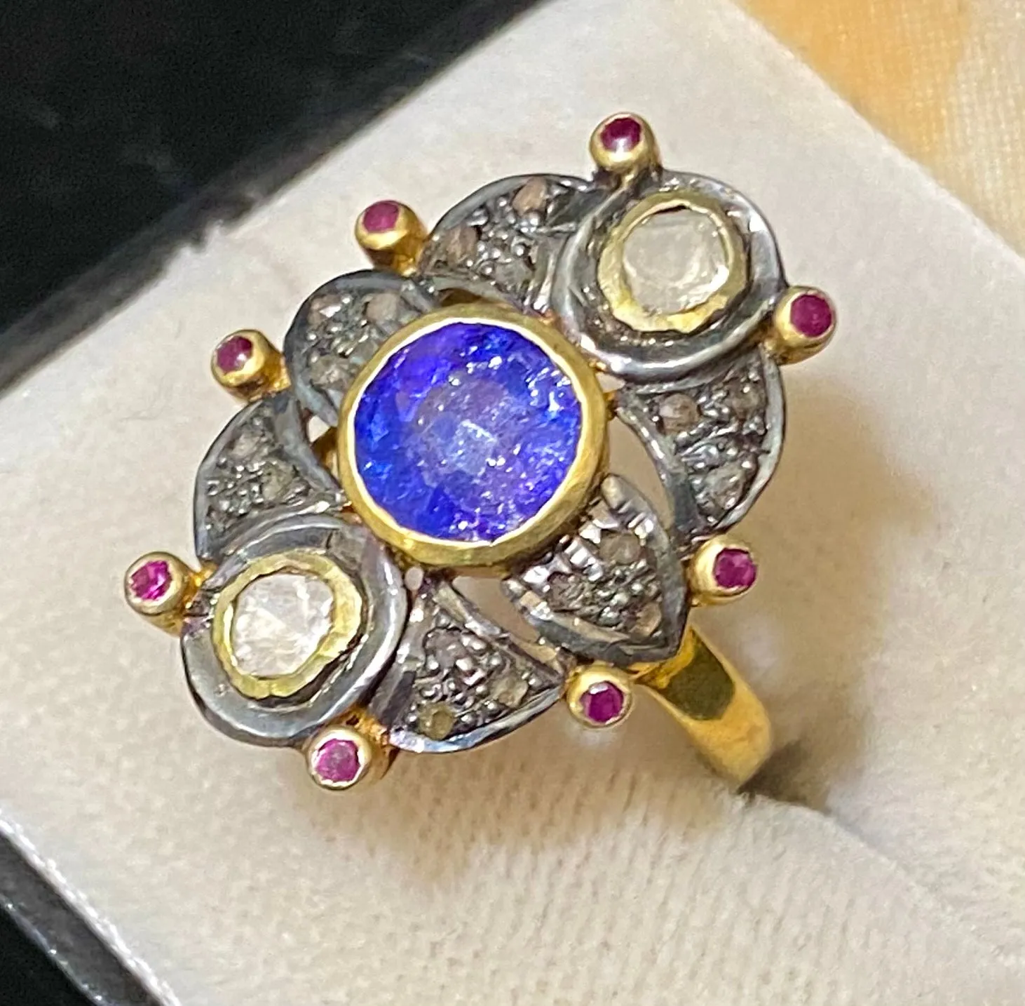 Antique Design Yellow Gold Covered with Sapphire & Diamond & Ruby Ring - $10K Appraisal Value w/CoA}