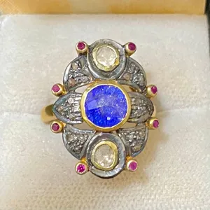 Antique Design Yellow Gold Covered with Sapphire & Diamond & Ruby Ring - $10K Appraisal Value w/CoA}
