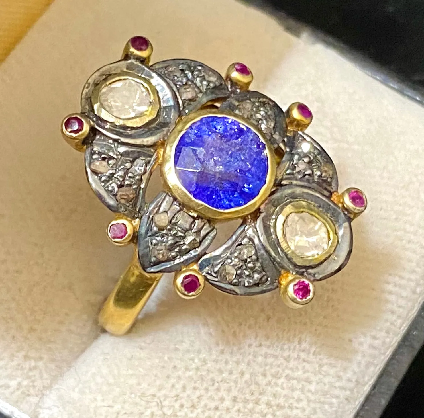 Antique Design Yellow Gold Covered with Sapphire & Diamond & Ruby Ring - $10K Appraisal Value w/CoA}