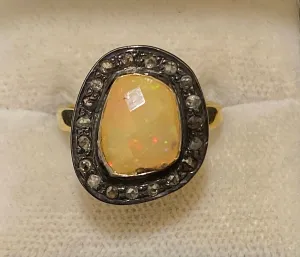 Antique Design Yellow Gold P& Sterling Silver with Opal & Diamonds Ring - $6K Appraisal Value w/CoA}