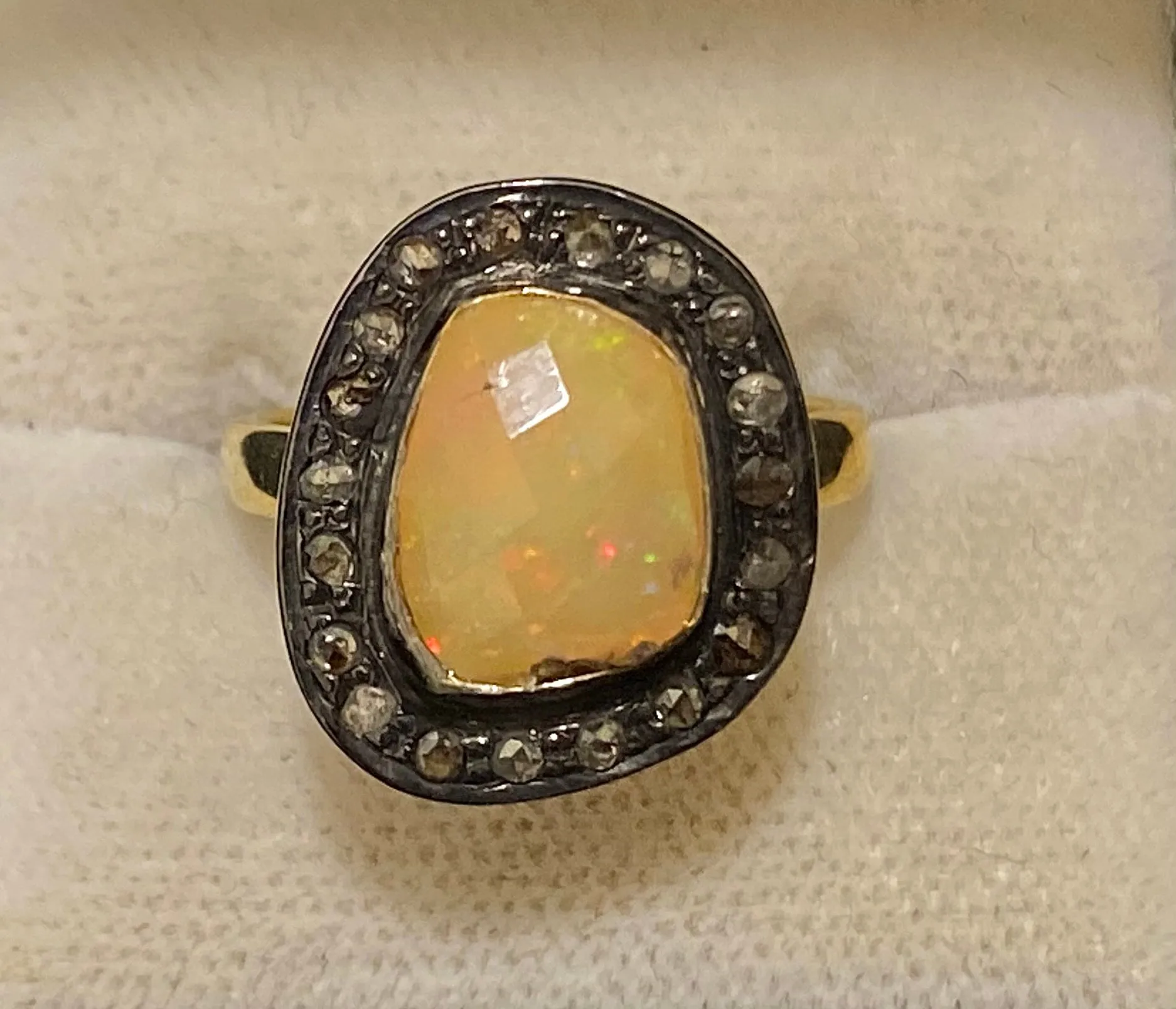 Antique Design Yellow Gold P& Sterling Silver with Opal & Diamonds Ring - $6K Appraisal Value w/CoA}