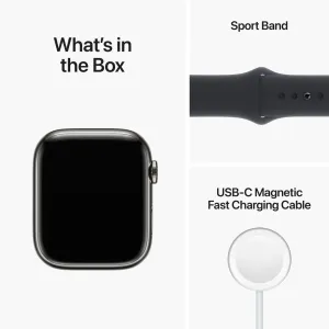 Apple Watch Series 8 45mm Stainless Steel Case w/ Midnight Sport Band GPS   Cellular - Graphite - Open Never Used - AU Version