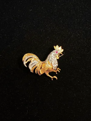 Art Deco Style 18KYG Rooster Chicken 11 Diamond/Ruby Brooch/Pin w $20K COA !!!}